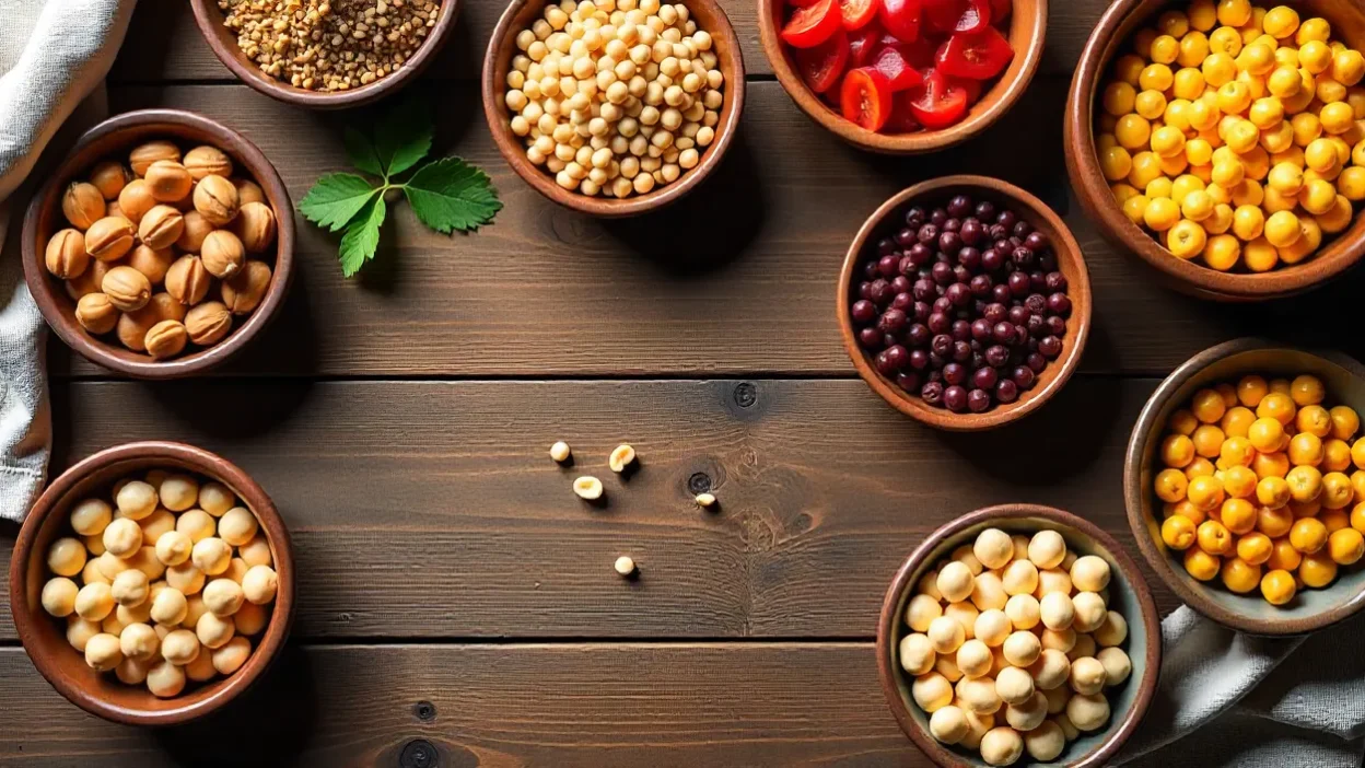 Assorted beans, lentils, and chickpeas in ceramic bowls on a rustic wooden table under soft natural light.