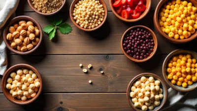 Assorted beans, lentils, and chickpeas in ceramic bowls on a rustic wooden table under soft natural light.