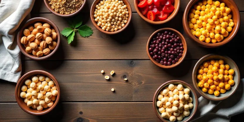 Assorted beans, lentils, and chickpeas in ceramic bowls on a rustic wooden table under soft natural light.
