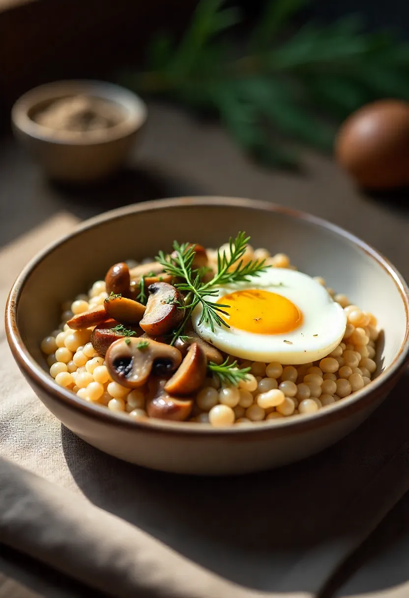 Buckwheat bowl with sautéed mushrooms and a soft egg, garnished with fresh herbs in a rustic ceramic bowl.