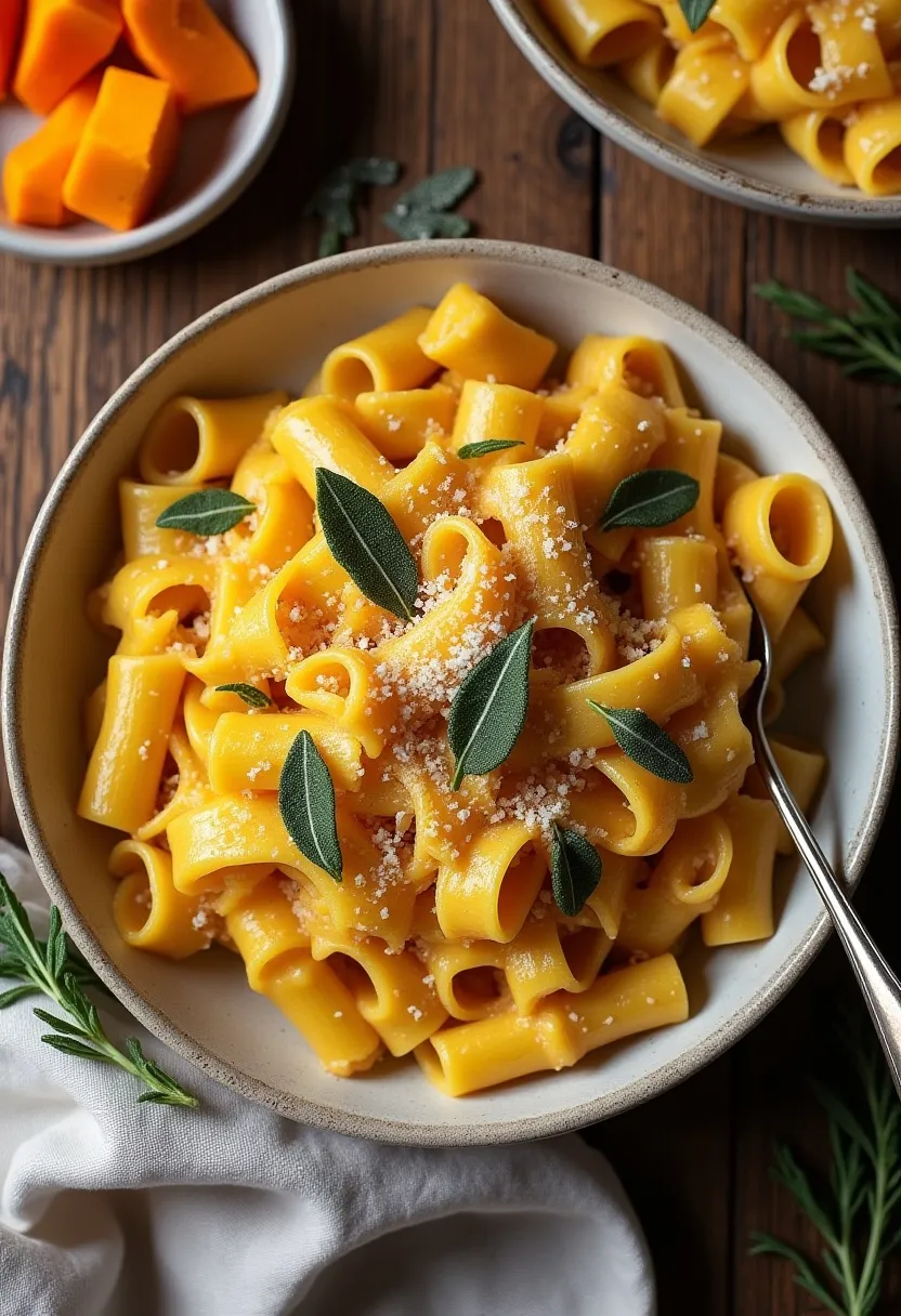 Bowl of creamy butternut squash and sage pasta on a rustic table with fresh sage and warm natural light.