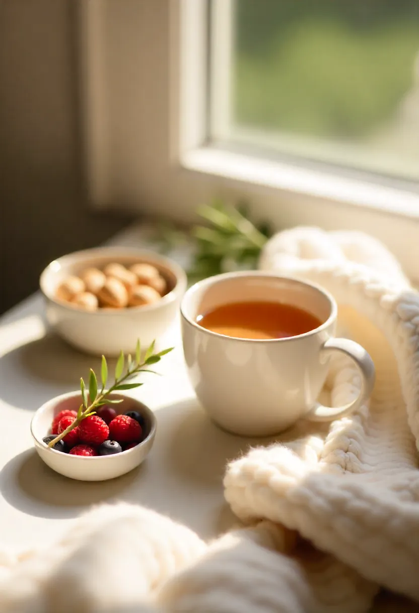 Cozy morning scene with herbal tea, berries, nuts, and soft sunlight symbolizing calm habits and mindful daily choices.