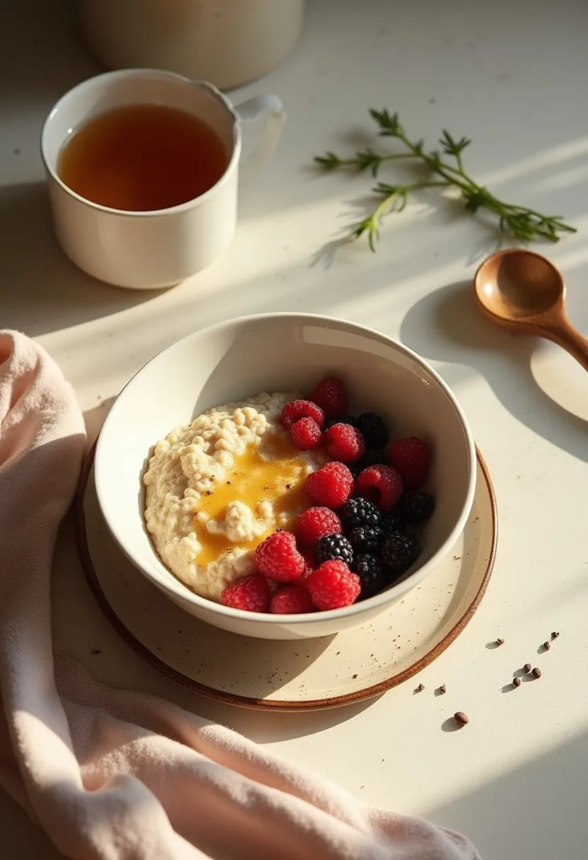 Warm, calming gut-friendly meal with herbal tea and soft natural light, arranged in a peaceful, minimal setting.