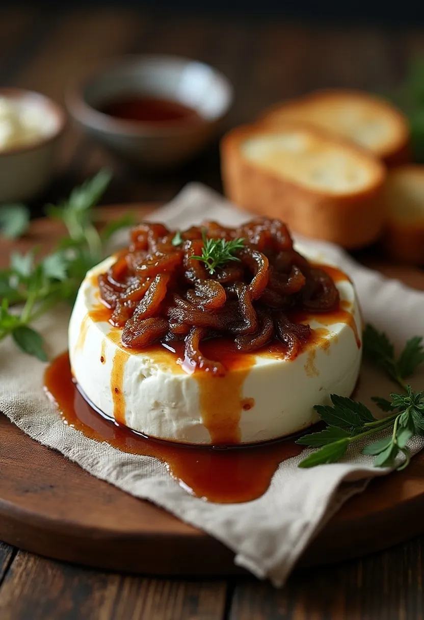 Baked Camembert topped with caramelized onions and balsamic drizzle on a rustic surface.