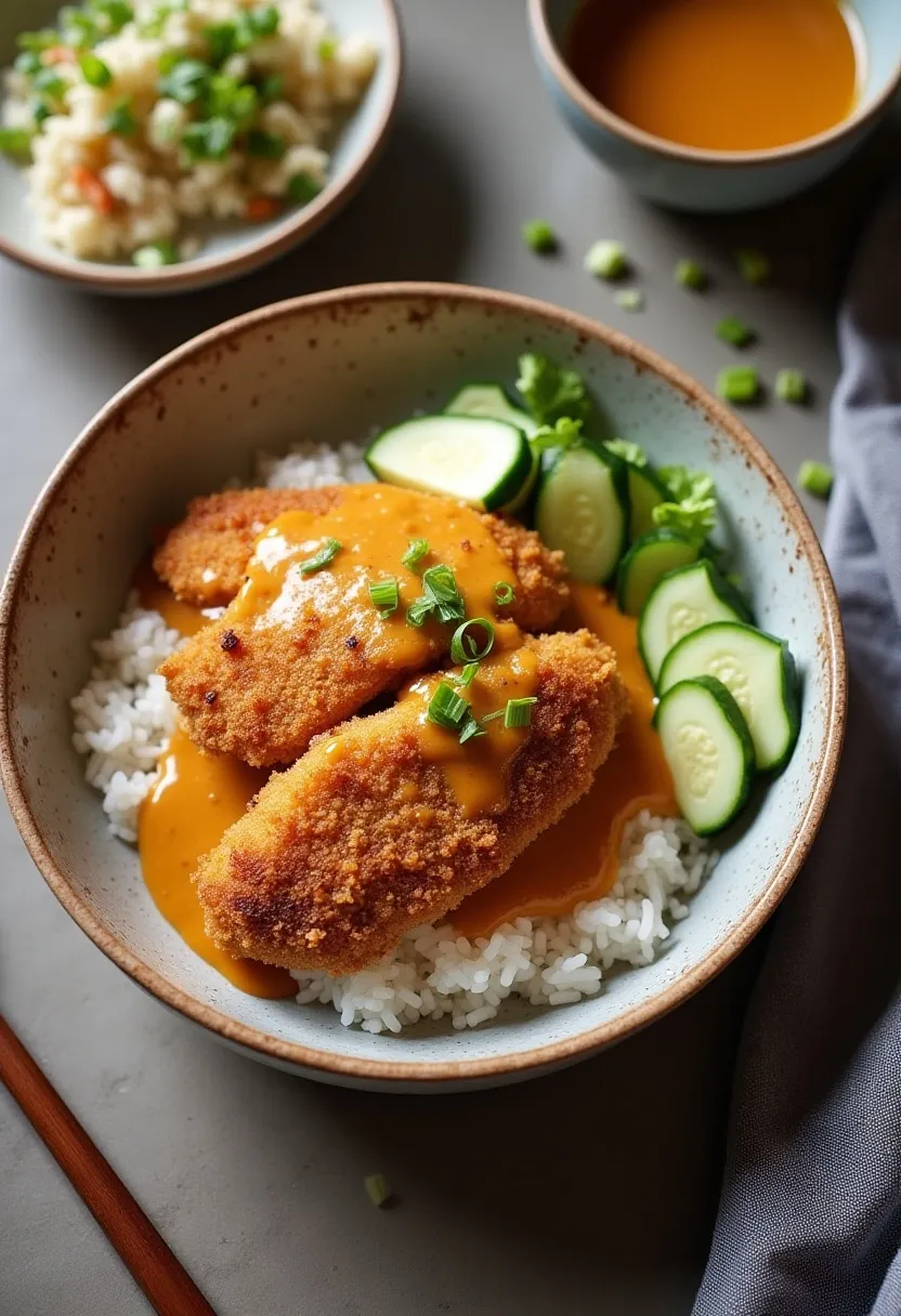 Flat-lay of homemade chicken katsu curry with crispy panko chicken, rice, and velvety curry sauce styled warmly.