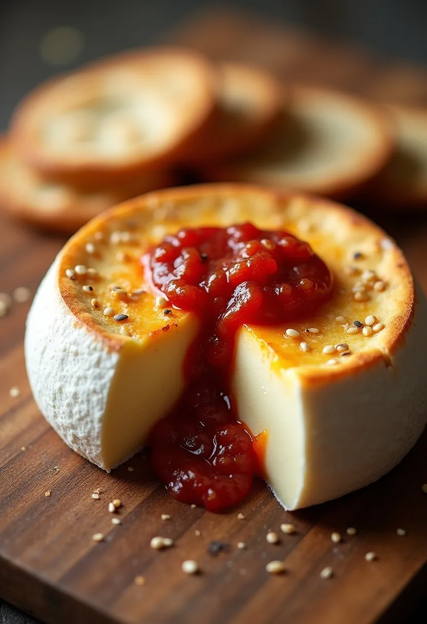 Baked Camembert topped with chilli jam and toasted sesame seeds on a rustic surface.