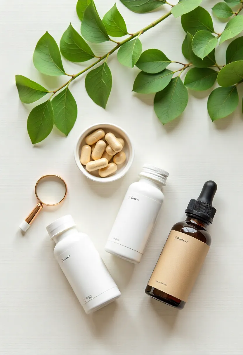High-quality ginkgo supplements, capsules, tincture bottle, and fresh leaves arranged with a magnifying glass on a neutral surface to represent choosing safe herbal products.