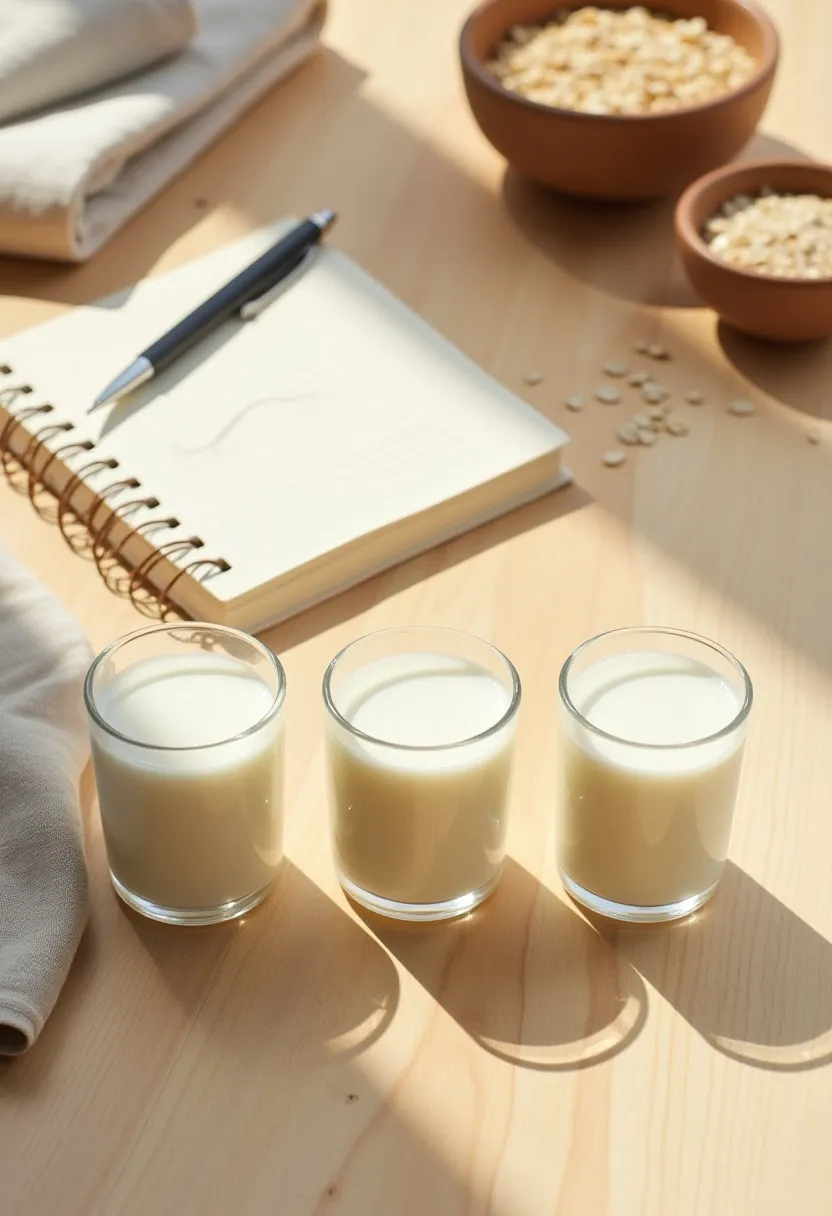 Warm flat-lay showing dairy and plant milks beside a notebook, pen, and ingredient bowls, symbolizing choosing the right milk for your body.