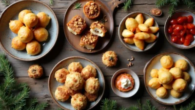 Assorted Christmas party foods including sausage rolls, crostini, filo parcels, falafel bites, potato cakes, and profiteroles on a rustic table.