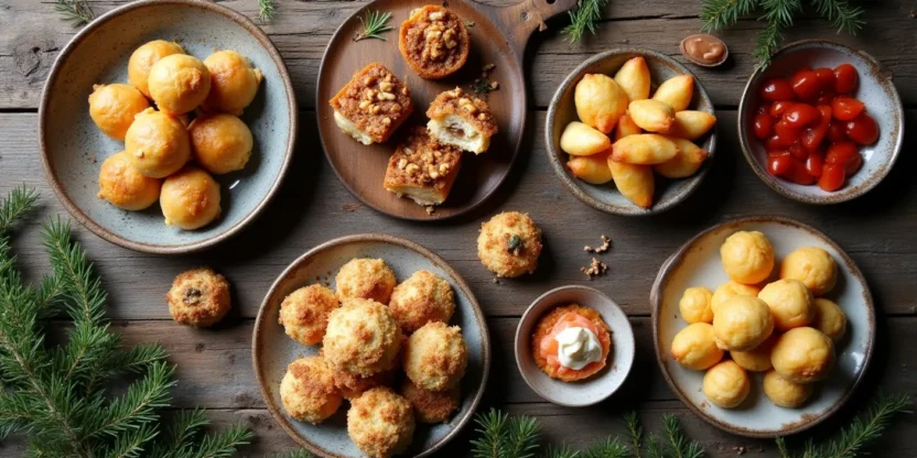 Assorted Christmas party foods including sausage rolls, crostini, filo parcels, falafel bites, potato cakes, and profiteroles on a rustic table.