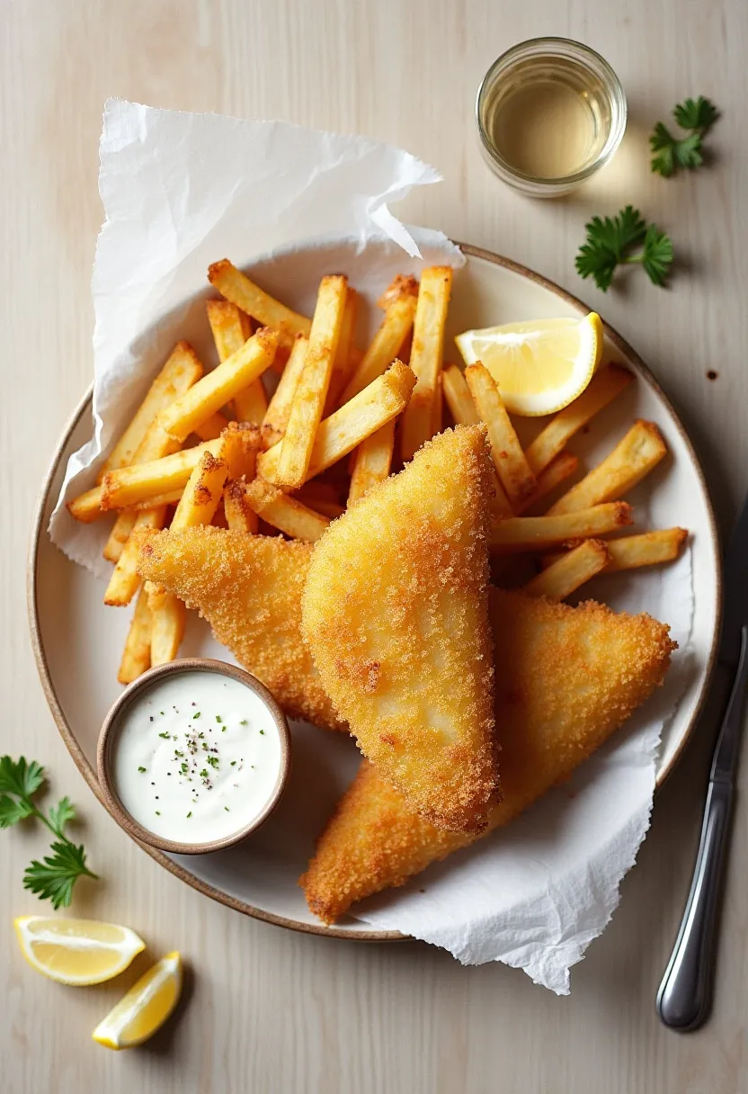 Flat-lay of homemade oven-baked fish and chips with lemon wedges, tartar sauce, and fresh herbs, styled in a light, crispy, golden way.”