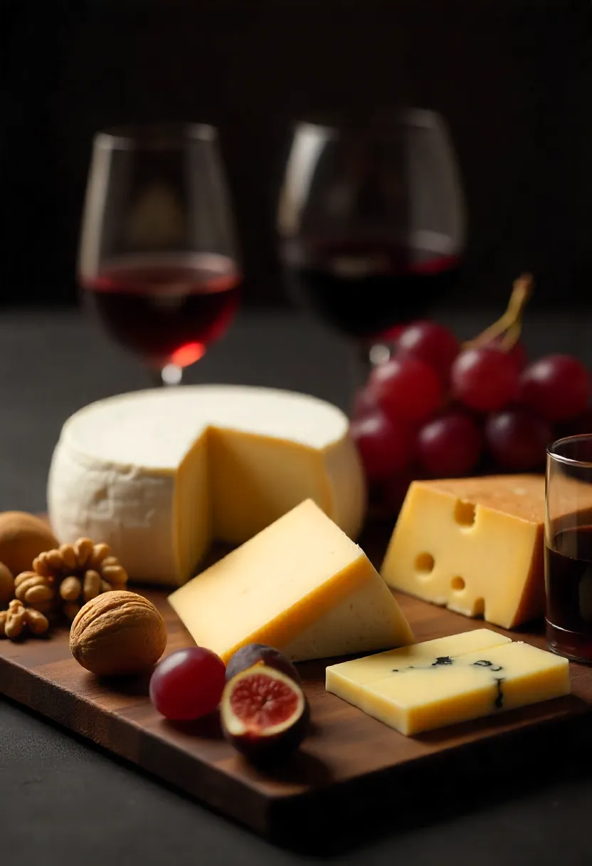Assorted classic wine and cheese pairings including brie with Champagne, cheddar with red wine, goat cheese with white wine, manchego with Tempranillo, and blue cheese with port.