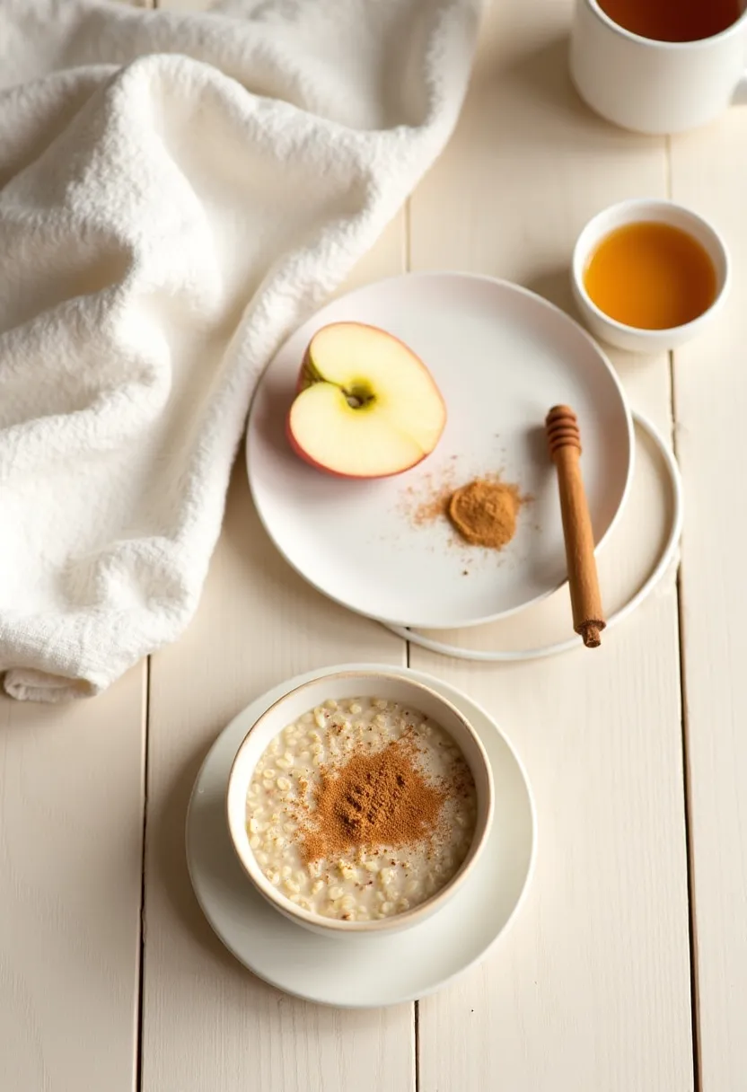 Minimal, calming flat-lay of a simple healthy snack and herbal tea, styled to evoke gentle, feel-good comfort.