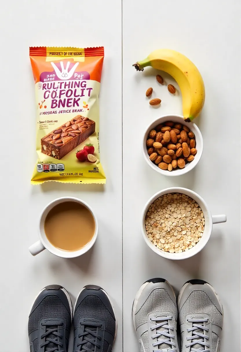 Flat-lay showing unhealthy runner snacks vs balanced options like fruit, oatmeal, nuts, and water to illustrate common running nutrition mistakes.