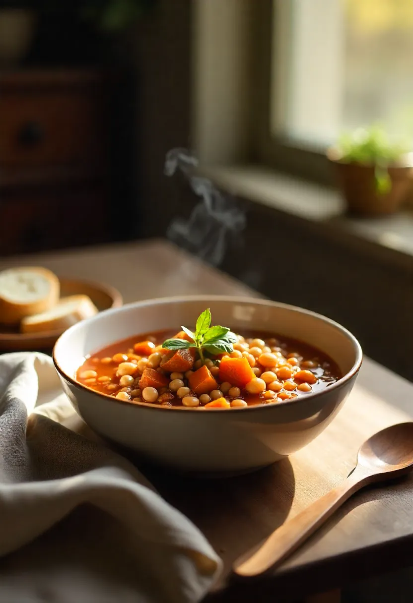 Steaming bowl of bean and lentil stew with bread on a rustic table in warm natural light.
