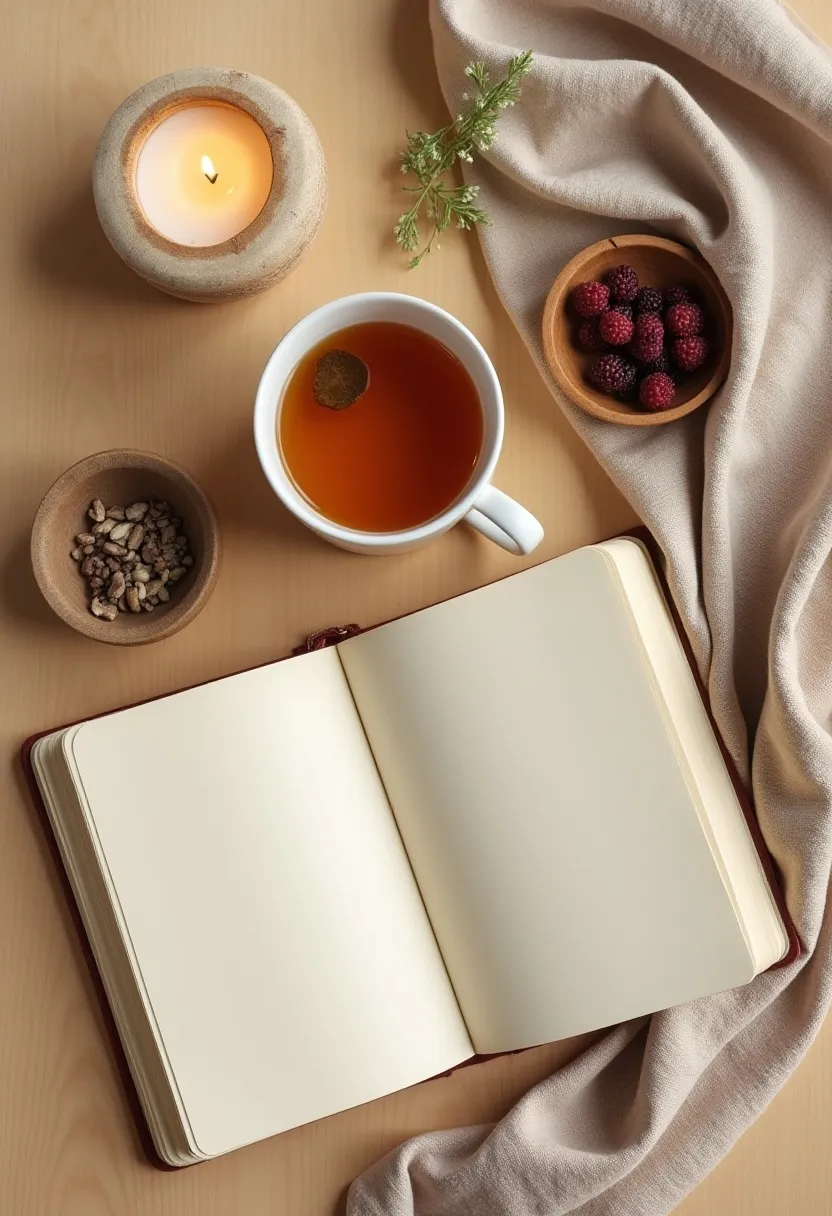 Warm, calming flat-lay with herbal tea, berries, a candle, and an open notebook symbolizing small daily habits that create calm.