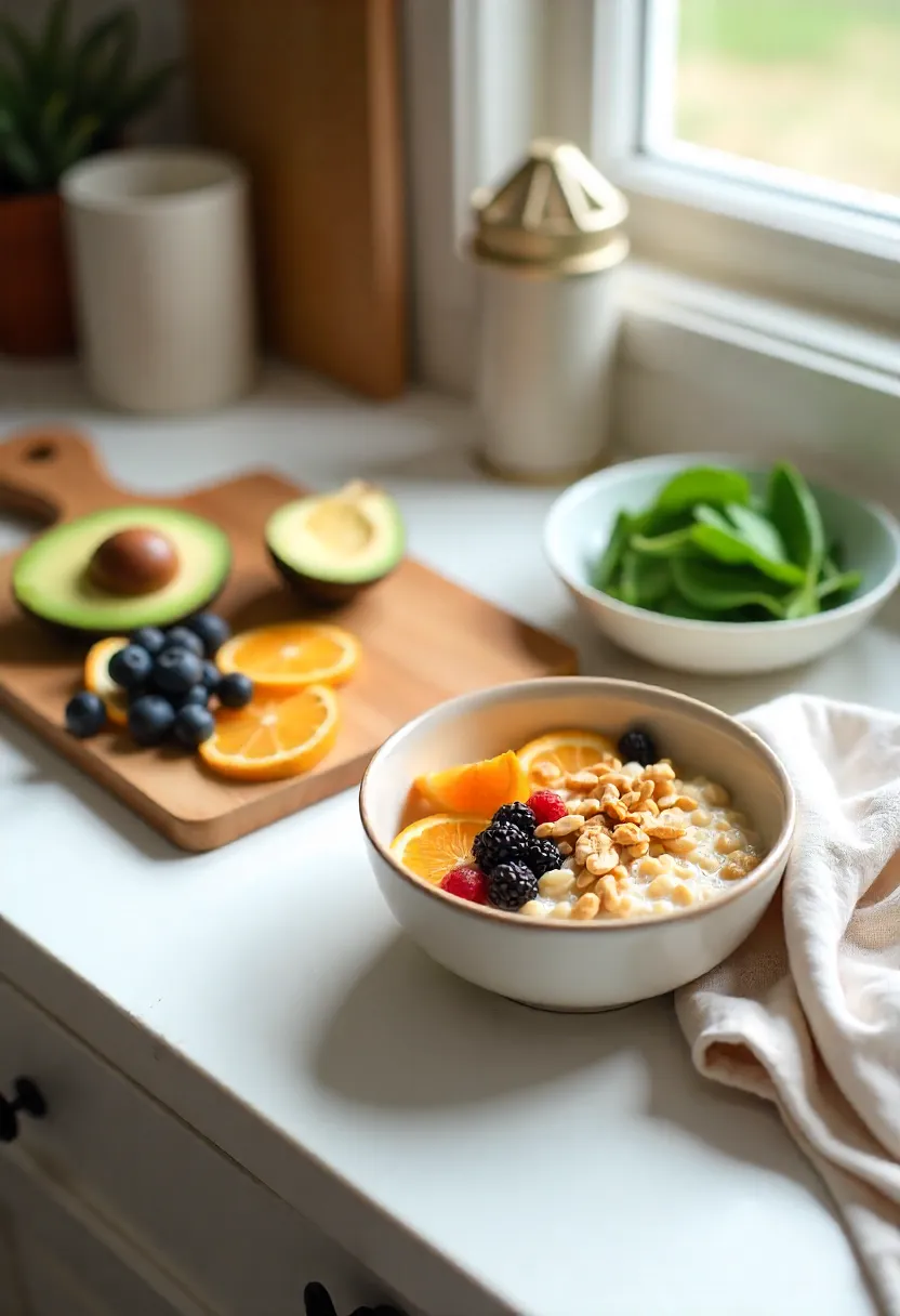 Cozy kitchen scene with oatmeal, avocado, berries, citrus, greens, and green tea showing how to add cortisol-supportive foods into daily meals.