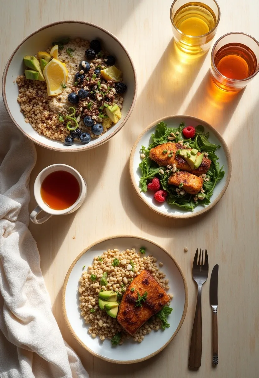Flat-lay of cortisol-friendly meals including oats with berries, a salmon salad, roasted vegetables, and herbal tea arranged in warm, calming light.