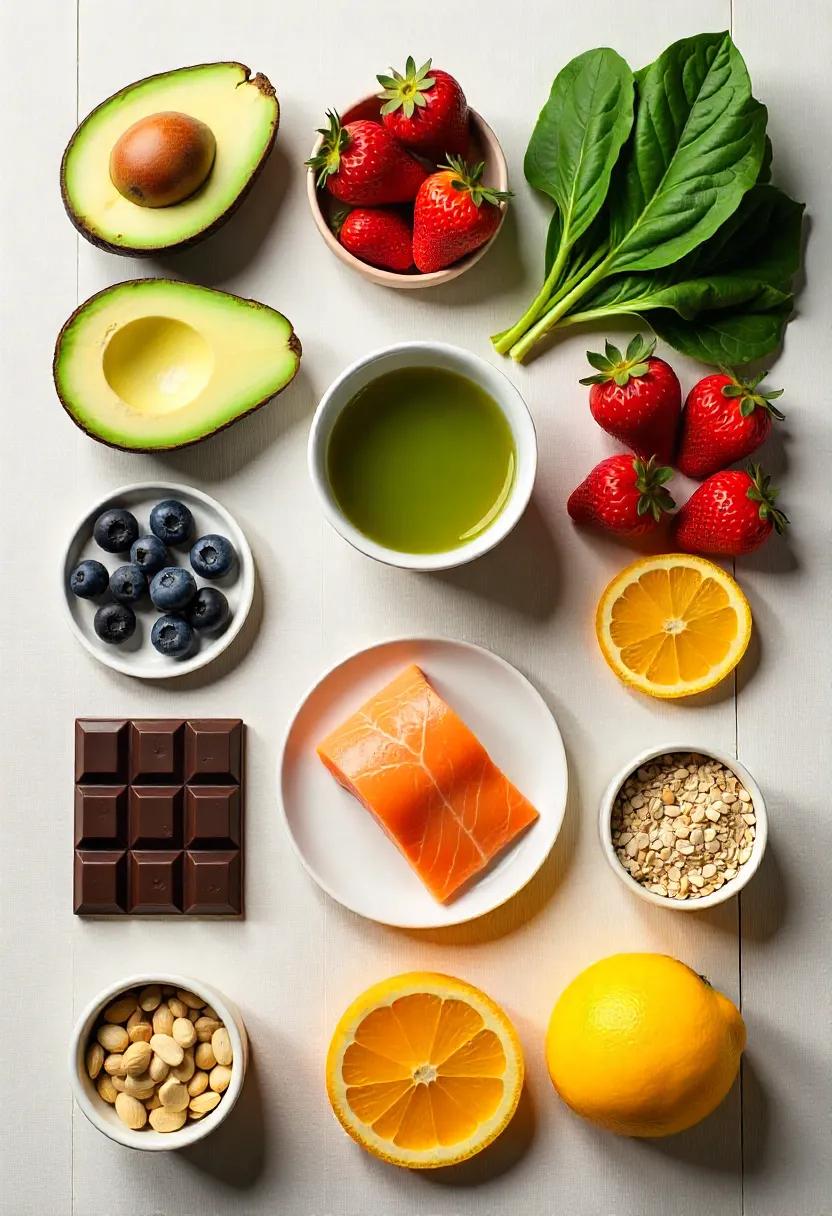 Flat-lay of cortisol-lowering foods like avocado, berries, greens, salmon, oats, nuts, citrus, dark chocolate, and green tea on a natural background.