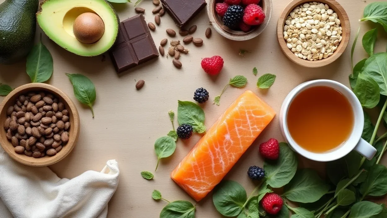 Calming flat-lay of cortisol-lowering foods like avocado, berries, dark chocolate, spinach, oats, sunflower seeds, salmon, and herbal tea.