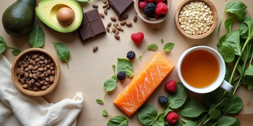 Calming flat-lay of cortisol-lowering foods like avocado, berries, dark chocolate, spinach, oats, sunflower seeds, salmon, and herbal tea.