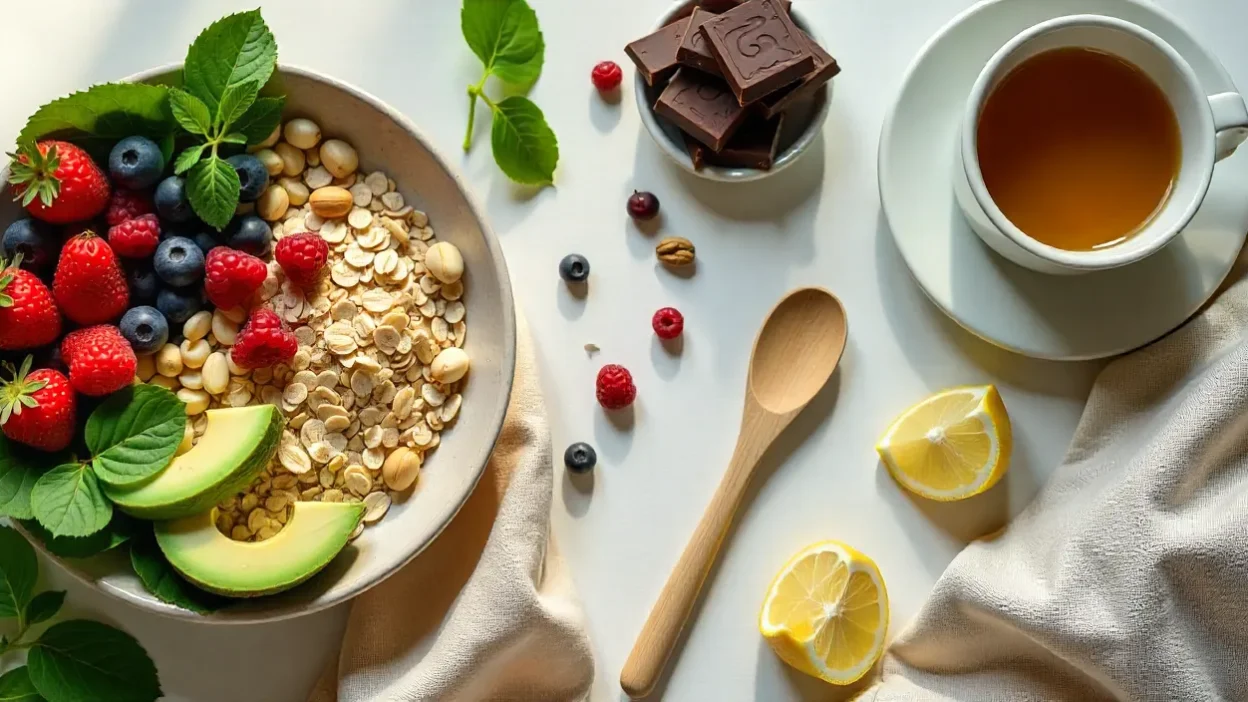 Flat-lay of calming, cortisol-lowering foods like oats, berries, avocado, greens, nuts, citrus, dark chocolate, and green tea in soft natural light.