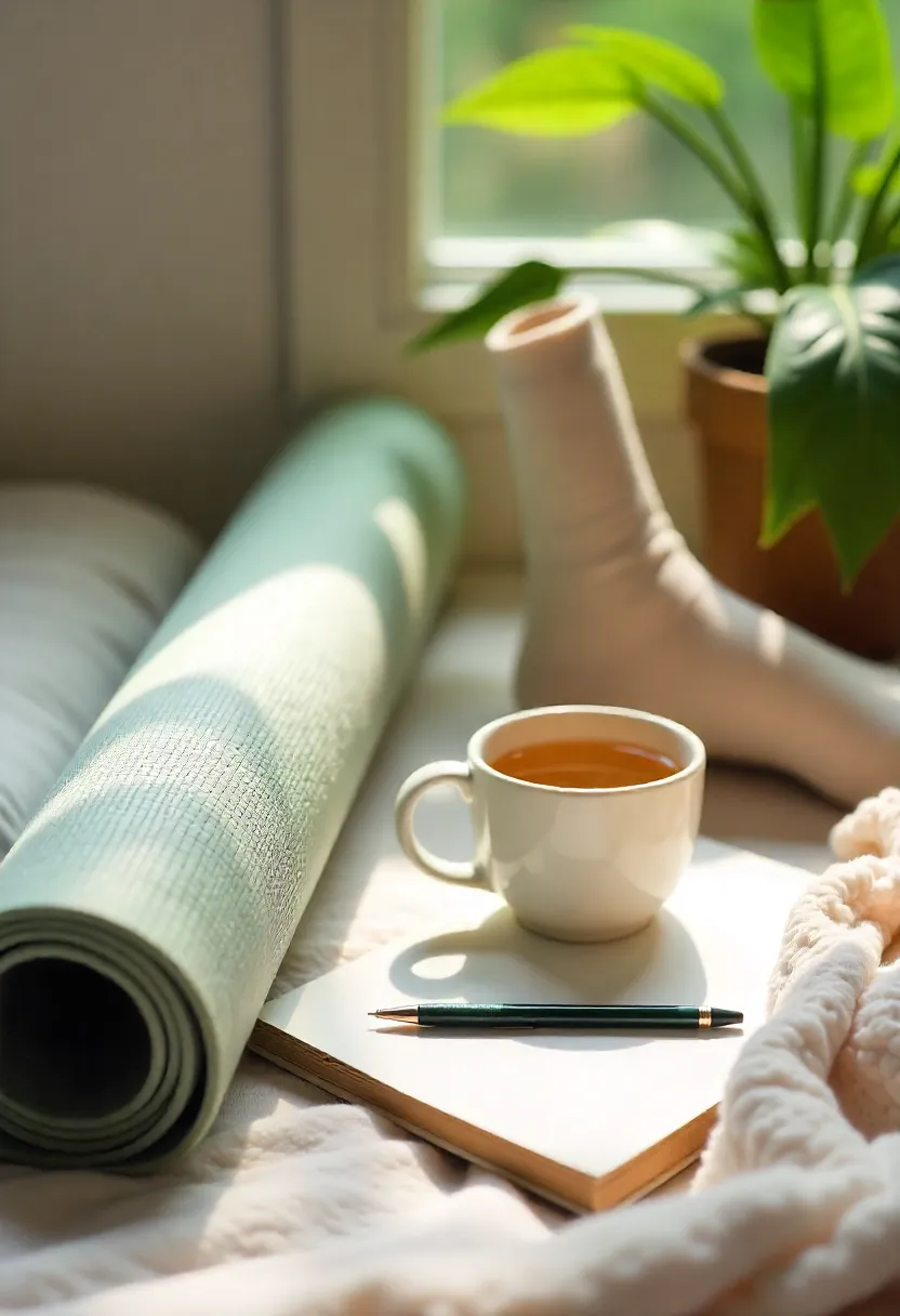 Cozy calming scene with herbal tea, yoga mat, journal, and greenery symbolizing daily habits that support healthy cortisol levels.