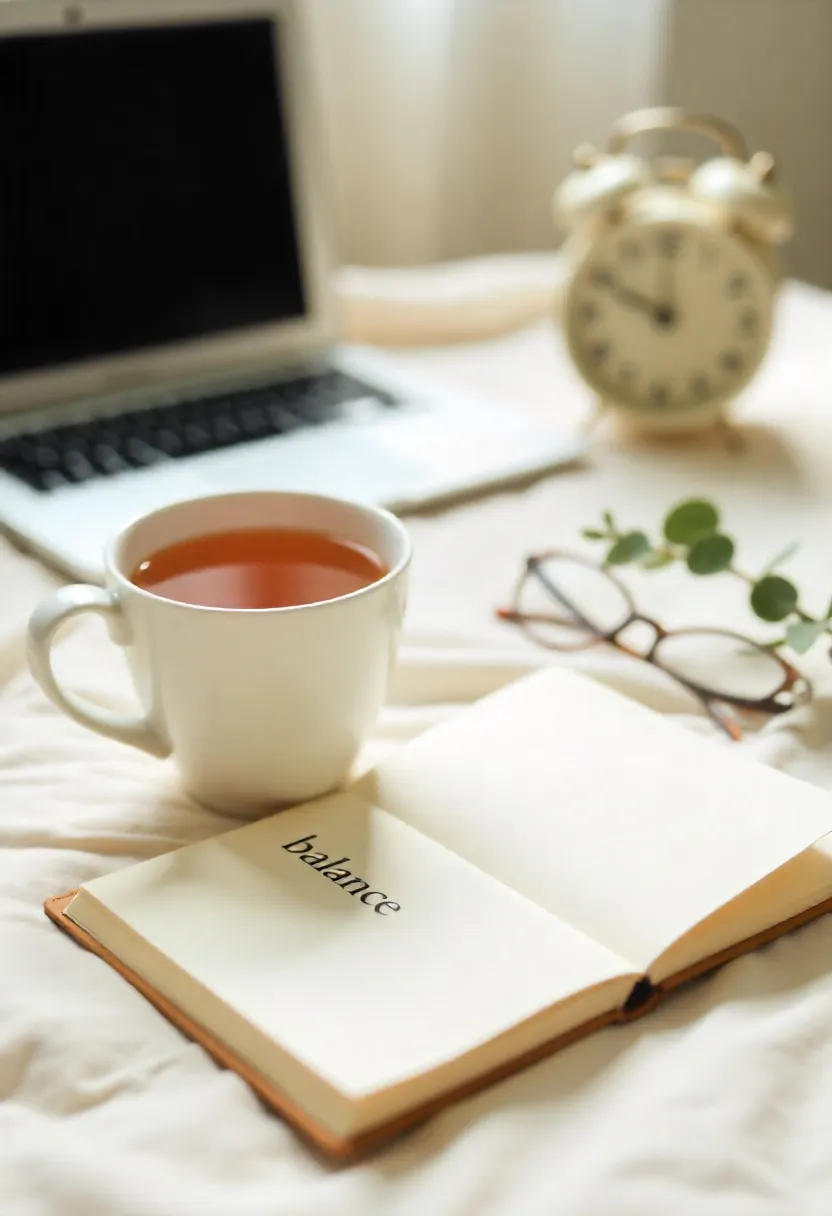 Calming desk scene with herbal tea, notebook, glasses, and plant, symbolizing understanding cortisol and stress balance.
