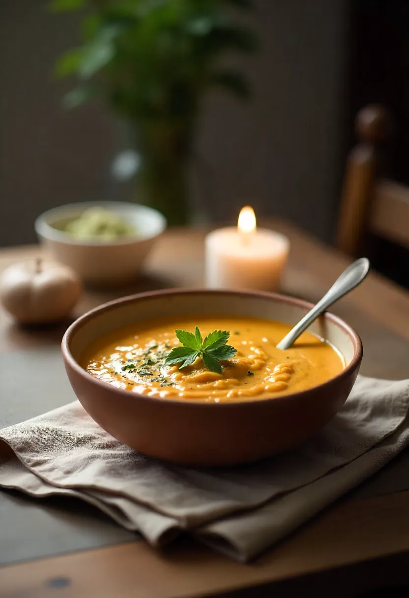 A warm bowl of curry with herbs and a candle on a cozy table, symbolizing comfort, nourishment, and a peaceful cooking ritual.