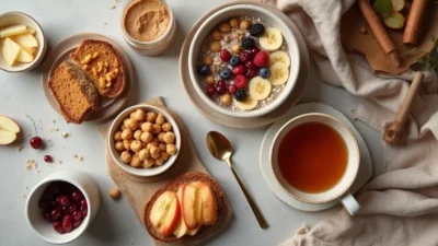 Warm flat-lay of cozy healthy snacks including porridge, roasted chickpeas, yogurt with berries, apple with nut butter, sweet potato hummus toast, and herbal tea.