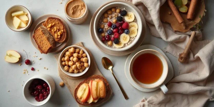 Warm flat-lay of cozy healthy snacks including porridge, roasted chickpeas, yogurt with berries, apple with nut butter, sweet potato hummus toast, and herbal tea.