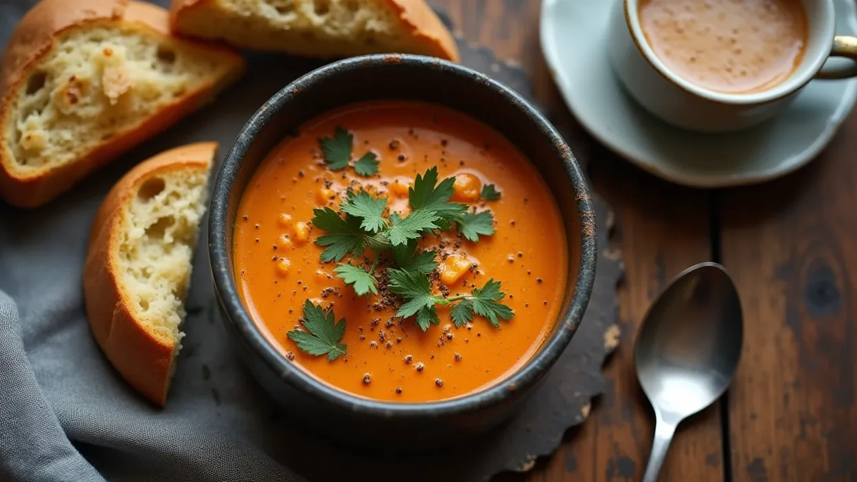 Cozy flat-lay of warm rainy-day comfort foods including soup, garlic bread, dessert, and a hot drink on a rustic wooden surface.