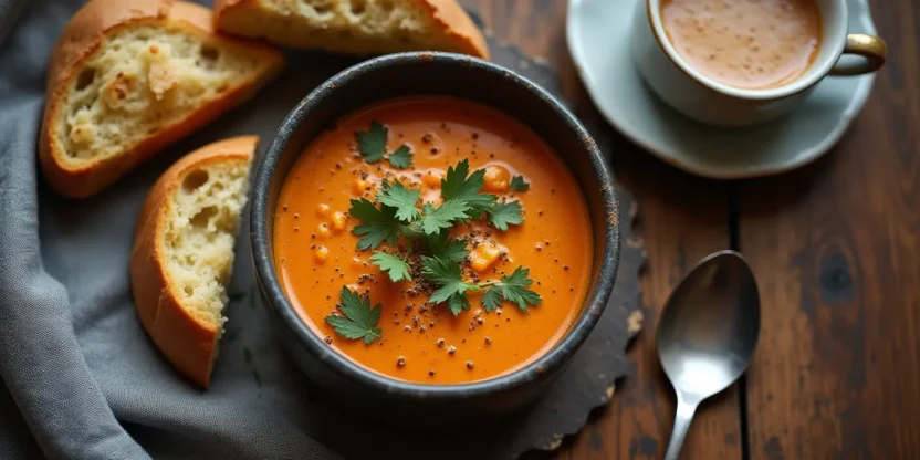 Cozy flat-lay of warm rainy-day comfort foods including soup, garlic bread, dessert, and a hot drink on a rustic wooden surface.