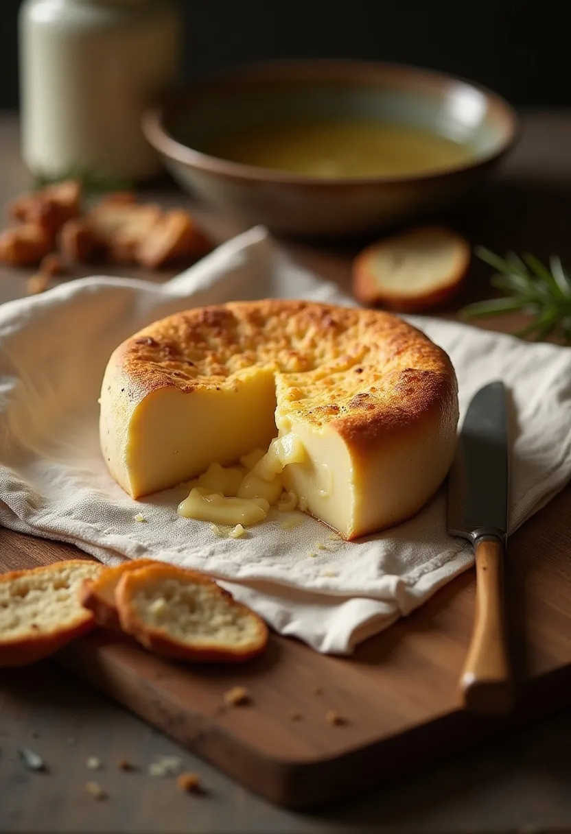 Gooey baked Camembert with torn bread pieces and herbs on a rustic wooden surface.