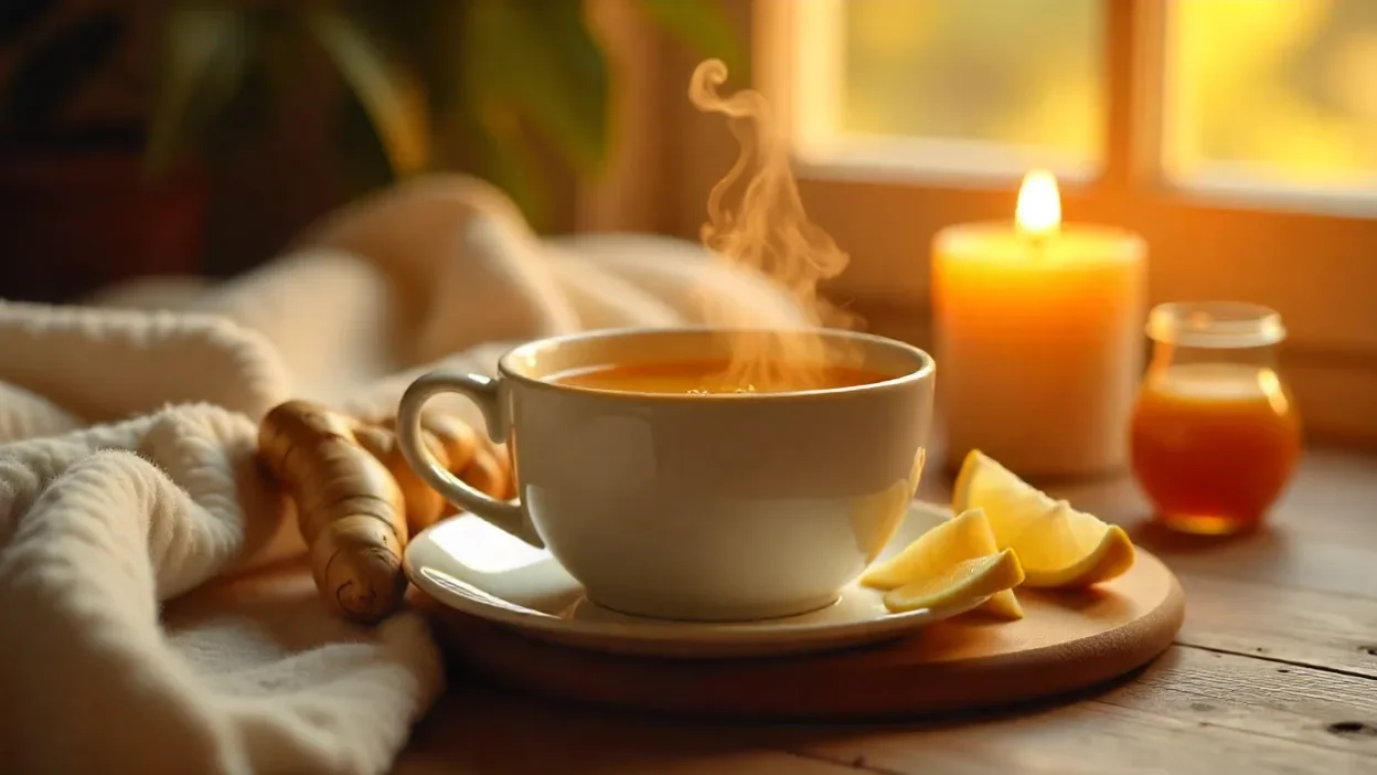 Steaming cup of ginger-honey tea with fresh ginger, honey, and lemon in a cozy, warm setting.