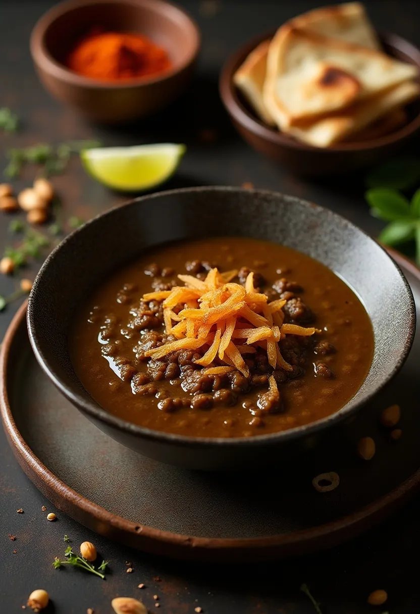Creamy black dhal topped with crispy onions, served with naan and spices on a rustic surface.