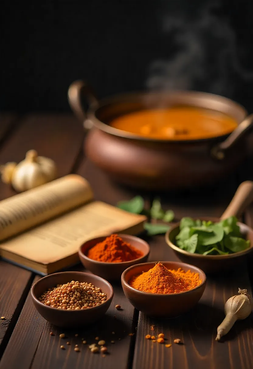 Traditional Indian spices and ingredients arranged with a brass spice box and warm bowl of curry, symbolizing appreciation for authentic curry culture and heritage.