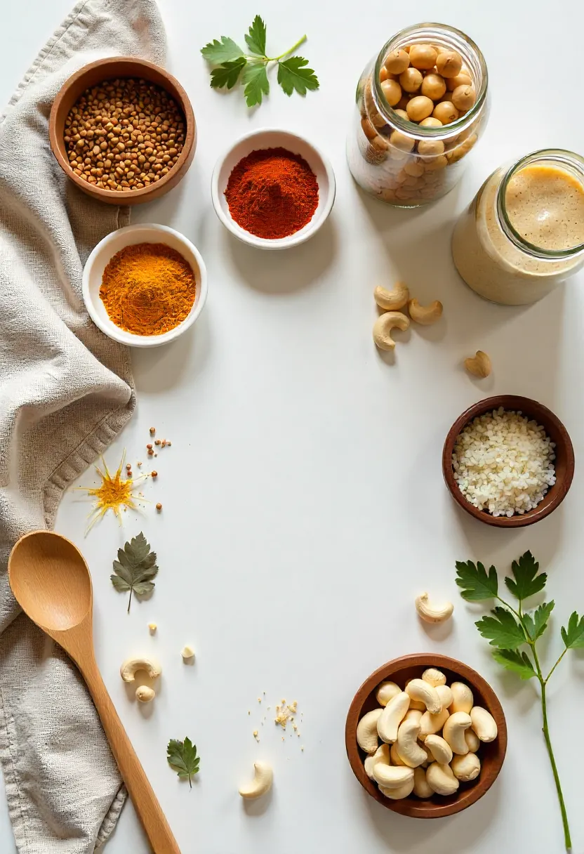 Curry pantry essentials including spices, lentils, coconut milk, rice, ginger, garlic, onions, herbs, and cashews arranged on a rustic kitchen surface.