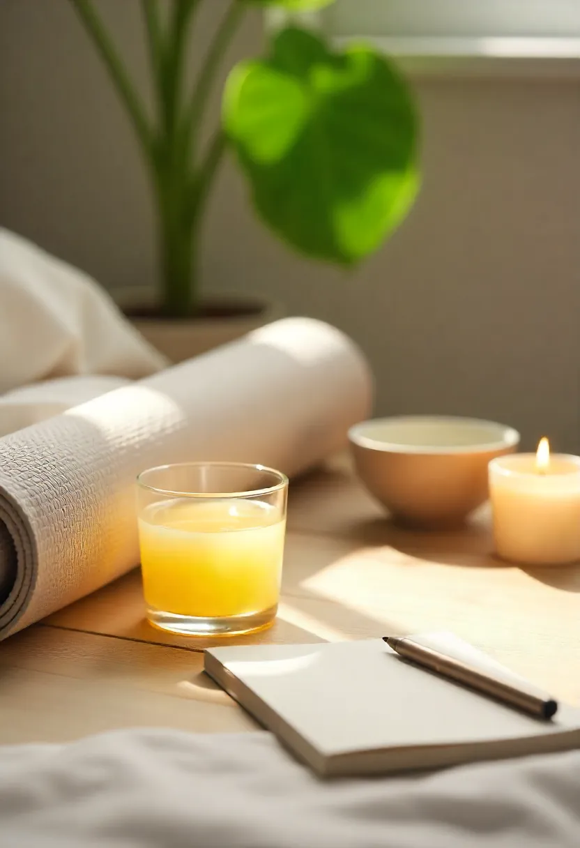 Morning wellness ritual with warm lemon-ginger water, journal, and yoga mat in soft natural light, symbolizing gentle detox support.