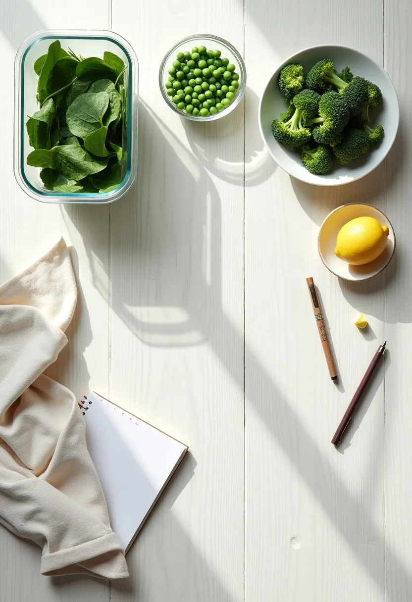 Bright flat-lay of prepped green vegetables in small bowls with a notebook and pen, symbolizing simple daily habits for eating more greens.