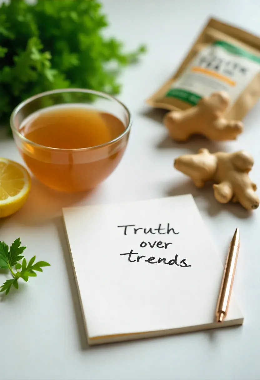 Herbal tea, lemon, ginger, and greens beside a notebook in soft natural light, symbolizing clarity over detox myths and trend-free wellness.