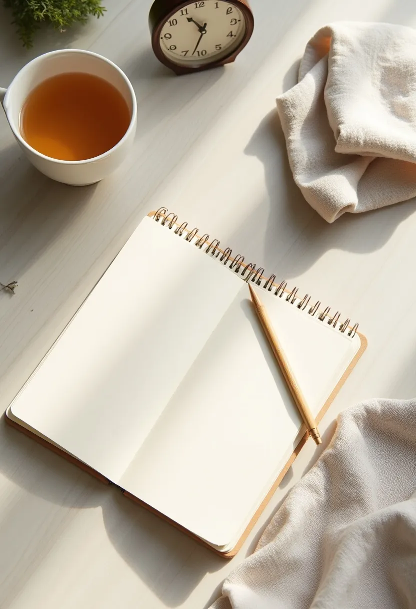 Flat-lay of calming lifestyle elements like herbal tea, a journal, a clock, and soft linens representing habits that support digestion.