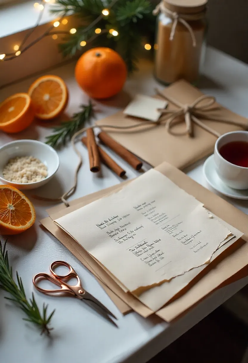 Cozy DIY Christmas gift-making setup with kraft paper, twine, jars, dried orange slices, scissors, spices, and festive touches on a warm holiday craft table.