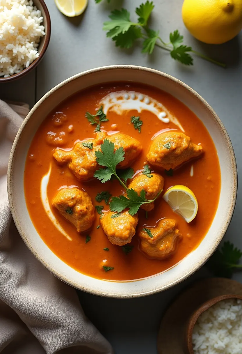 Flat-lay of homemade butter chicken in a creamy tomato sauce with rice and fresh coriander, styled warmly.