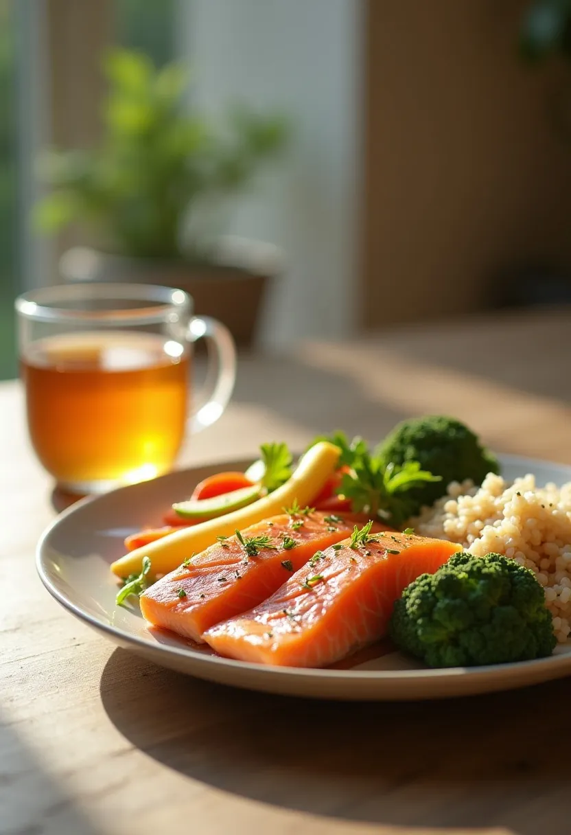 Balanced meal with protein, wholegrains, and colorful vegetables in warm natural light, symbolizing healthy eating and overall wellbeing.