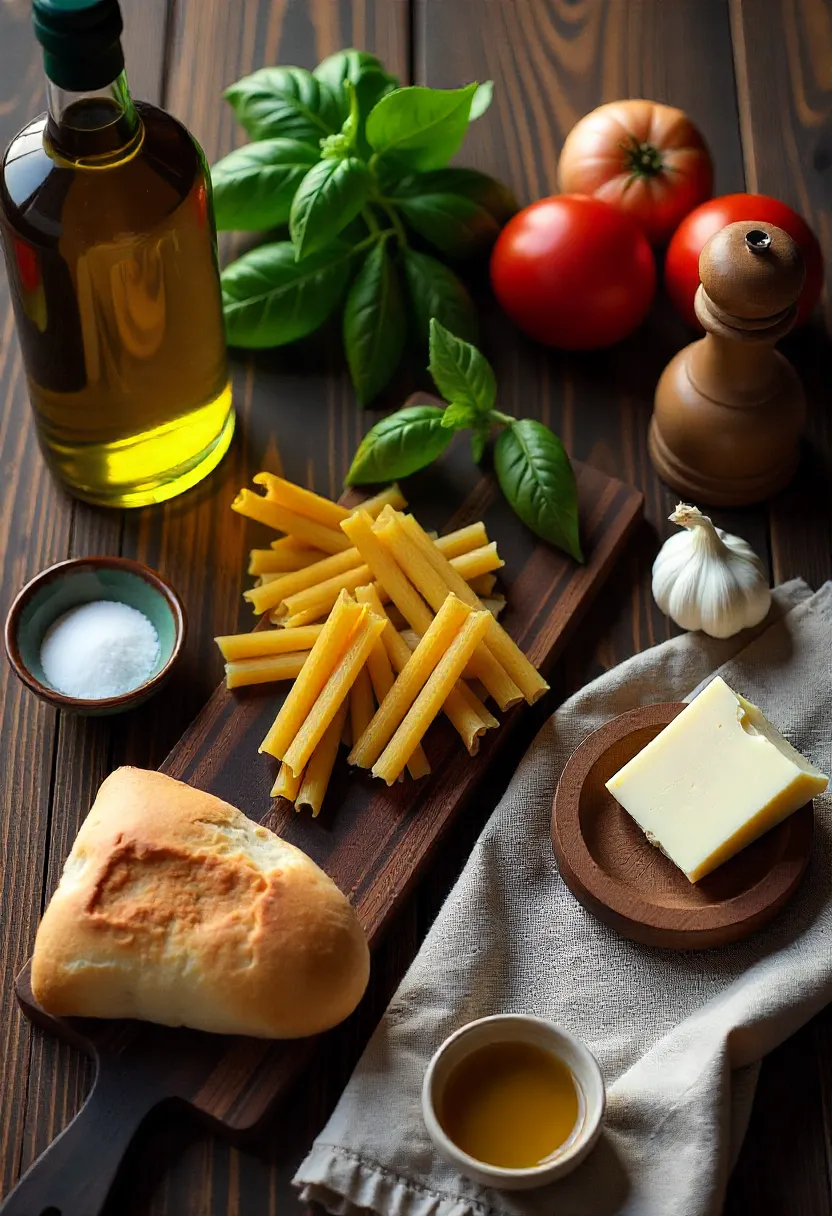 Flat-lay of Italian pantry staples including olive oil, dried pasta, canned tomatoes, garlic, basil, Parmesan, and rustic bread in warm natural light.
