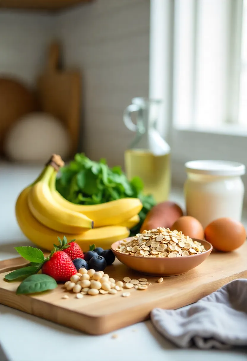 Healthy everyday foods for runners including oats, fruit, greens, yogurt, nuts, and water on a bright kitchen counter.