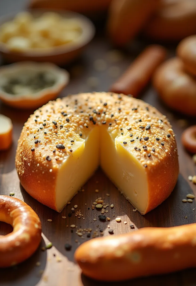 Baked Camembert topped with everything bagel seasoning on a rustic wooden board.