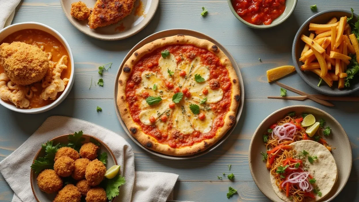 Flat-lay of homemade fakeaway dishes including pizza, katsu curry, noodles, oven-baked fish and chips, mezze, and tacos on a cozy Friday night spread.