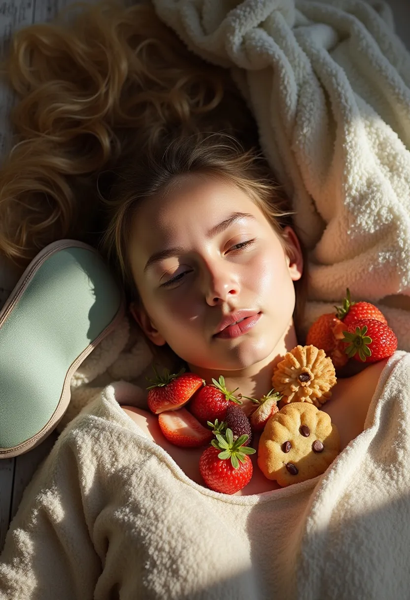 Flat-lay showing healthy foods next to sugary snacks with a sleep mask, symbolizing fatigue affecting food choices.